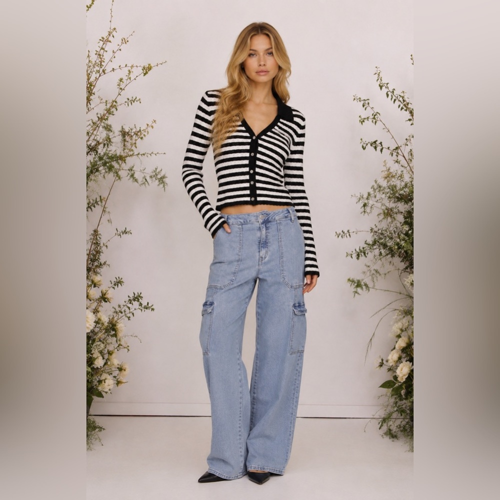 Avec Les Filles striped pointelle polo cardigan